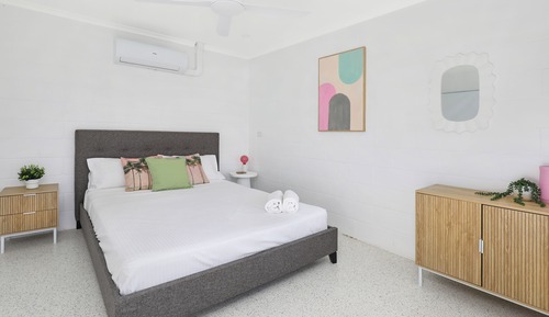 Queen room with shared bathroom